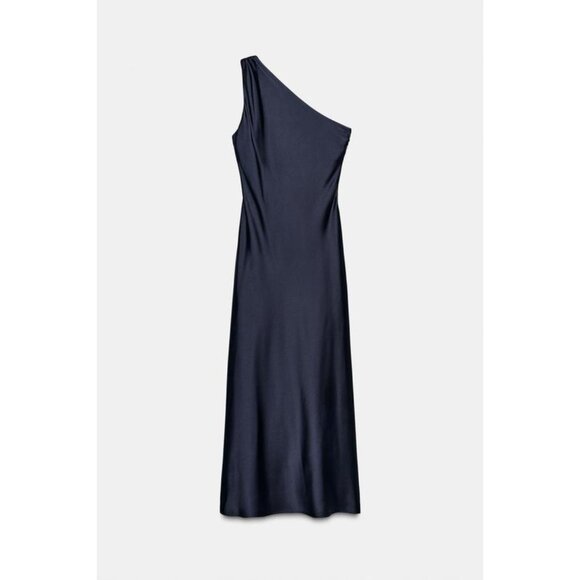 ZARA ASYMMETRIC SATIN EFFECT MIDI DRESS - Picture 1 of 8